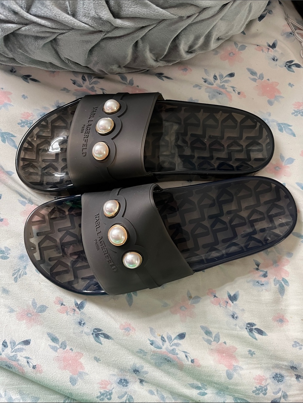 Karl Lagerfeld Black Slide Sandals with Pearl Accents - Picture 2 of 3